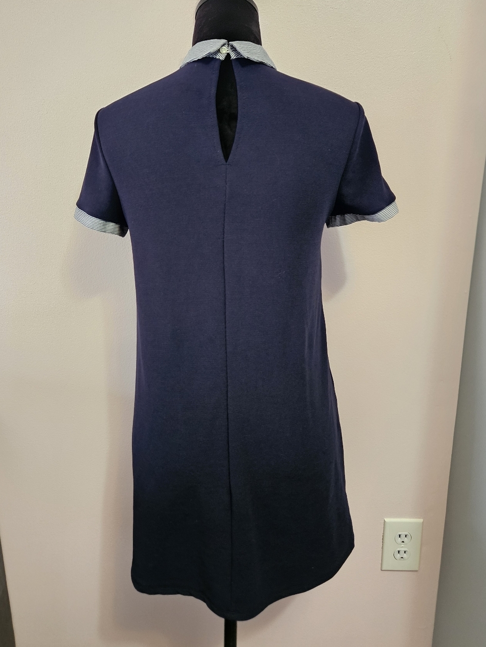 Zara Navy Blue Collared Striped Preppy Mini Dress - Size Small - Picture 6 of 8